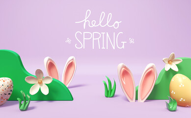 Hello spring message with rabbit ears and Easter eggs