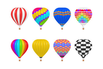 Collection multicolor hot air balloons realistic vector flying vintage striped checkered transport