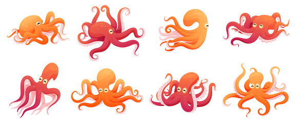 Collection funny childish octopus in different poses vector flat illustration © Aleksandr