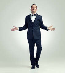 Hes arrived. A full length studio portrait of a young man posing confidently while wearing a vintage suit.