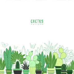 Vector semless pattern with green types of cacti and aloe home plants in decorative pots with ornament. Flat doodle design of succulent. Without background.
