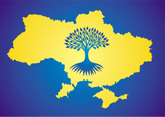 Map of Ukraine with tree of life in yellow on a blue background. Vector graphics.