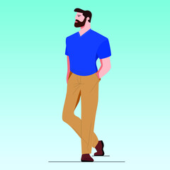 a man with a mustache and beard, in a blue shirt and beige trousers