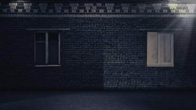 Dark brick wall and pavement on the street and flickering lantern, disturbing dark background. Looped video