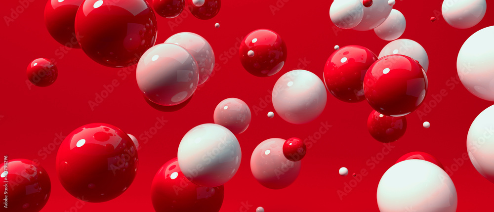 Poster scattered floating colored spheres on a vibrant background - 3d render