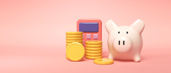 Financial calculation theme with piggy bank, calculator and coins - 3d render