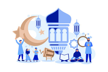 Vector illustration ramadan kareem
 design concept with small people and muslim activity symbol