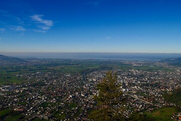 Aerial view of Rhine valley and Lake of Constance seen from visitor platform of Karren. Vorarlberg, Austria.