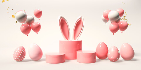 Easter holiday theme with decorations and rabbit ears - 3d render