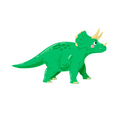 Green dinosaur, vector illustration. Vector triceratops, herbivore dinosaur isolated on white. Cartoon cute dinosaur, vector.  