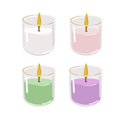 Set of colorful candles in glass container. Vector candle illustration isolated on white.  - 493794844