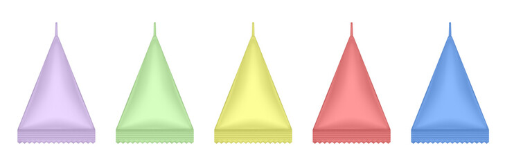 Tetrahedral packaging set. Triangular cardboard package for beverage, juice and milk. Liquid product carton package. Korean cosmetics box. Green, red, yellow, pink and blue packing.