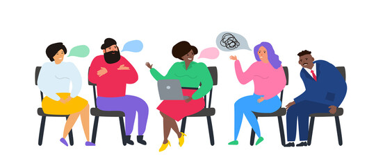 group therapy session people sitting and talking together with psychologist therapist mental health vector illustration