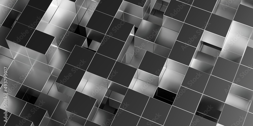 Aufkleber silver chrome random shifted abstract geometrical cube or boxes maze background