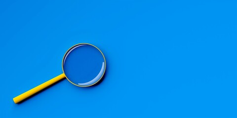 Yellow magnifier, magnifying glass or loupe over blue background flat lay top view from above, search or discovery modern minimal concept