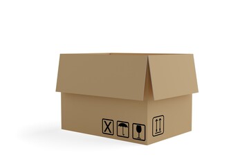 Single empty open corrugated cardboard box or cardbox over white background, delivery or storage container