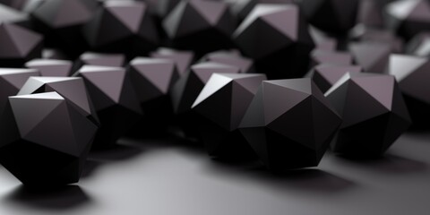 Heap of low poly sphere geometry primitives or icosahedrons on dark background with copy space, modern minimal abstract polygon background
