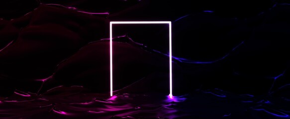 Glowing door frame in neon night ocean. White rectangular portal in dark purple water 3d render with bright highlights and light trail. Abstract laser futurism in club synthwave style