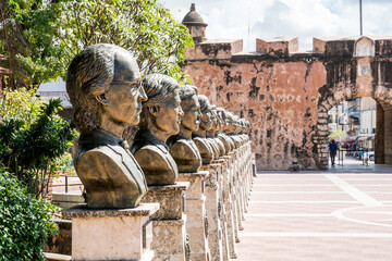 Dramatic image of head bust sculpture’s of famous Dominican liberators in park Independencia, Santo Domingo, Dominican Republic.