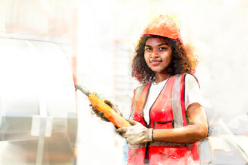Digital painting and sketch drawing of African female worker working with remote control's...