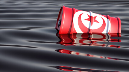 Oil drum with Tunisia national flag swimming in an ocean of black oil. 3D Rendering