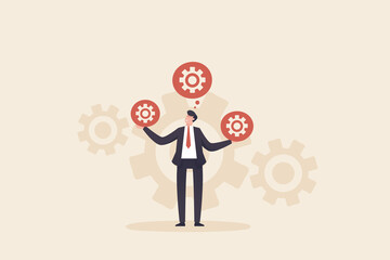 Business, work, success, idea, achievement, analysis concept. businessman clerk manager holding technology gear in hands.