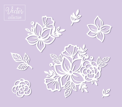 Collection of simple cute flowers. Simple flora for kids. Vector collection silhouette. Template for laser cut. Papercut template