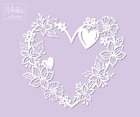 Floral heart. Vector silhouette of a heart with flowers. Botanical romantic illustration. Vector silhouette. Template for laser cut. Papercut template