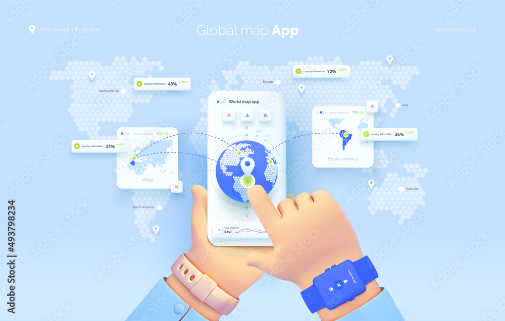 Poster the hand selects a location on the map. world map user interface. mobile application for travel and 