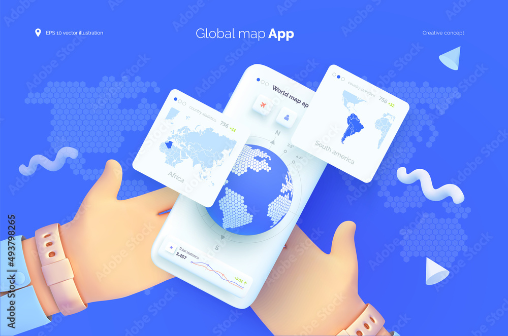 Poster a hand is holding a smartphone with a world map user interface. mobile application for travel and to
