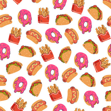 Fast food seamless pattern wrapping flat cartoon graphic design illustration