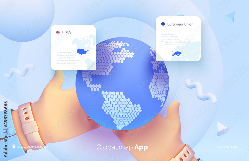 Poster hands hold a globe. world map user interface. mobile application for travel and tourism. country sta