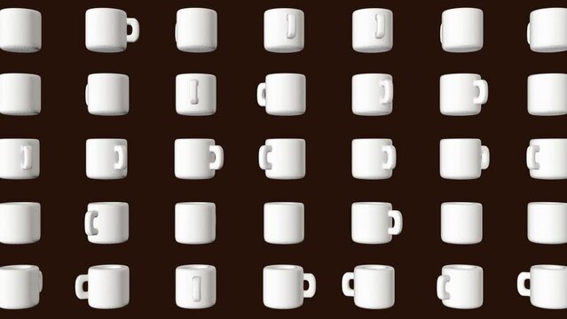 3d abstract motion background with rotated coffee or tea cup. Cartoon realistic style loop animation pattern. Modern minimalistic composition art for food and drink project