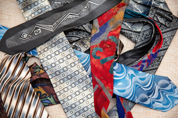 Colored ties in one pile.