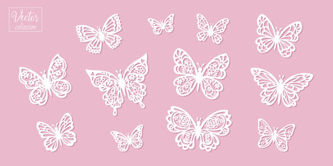 Collection of vector butterflies. Silhouettes of butterflies. Floral butterflies. Vector collection silhouette. Template for laser cut. Papercut template - obrazy, fototapety, plakaty