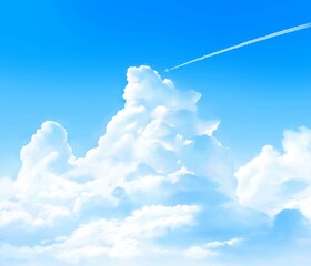 入道雲のある青空に飛行機雲の飛ぶ美しい夏のイメージフレーム背景素材