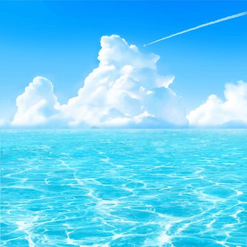 飛行機雲の飛ぶ入道雲の青い空と海のゆらめく波の夏イメージの美しいフレームイラスト素材