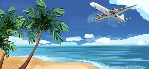 3D realistic summer vacation design for traveling on an island with palm trees and a flying airplane. Vector illustration...
