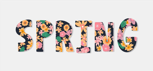 Hello Spring hand logotype, badge typography icon. Lettering spring season with leaf for greeting card, invitation template. Retro, vintage lettering banner poster template background, Sale, offer