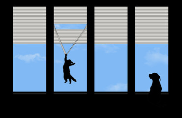 A cat is seen getting tangled in a venetian mini-blinds as a dog sits calmly nearby in a 3-d illustration about feline behavior.