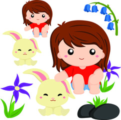 girl and rabbit vector clipart