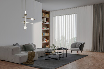 Illustration 3D rendering large luxury modern bright interiors Living room mockup computer digitally generated image