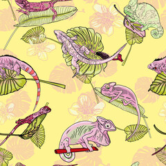 Pattern of tropical flowers and lizards. Seamless illustration of exotic plants and animals for printing on textiles, a blank for a designer
