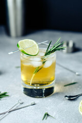Alcohol cocktail with lime slice rosemary ice and cocktail shaker on black background. Party time