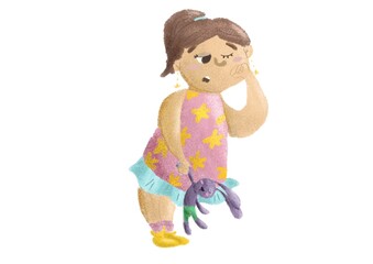 Cartoon sleepy cute girl in pink dress with bunny toy isolated