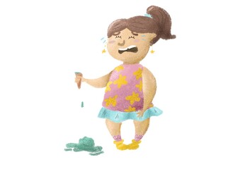 Cartoon sad cute girl in pink dress drop the ice cream solated