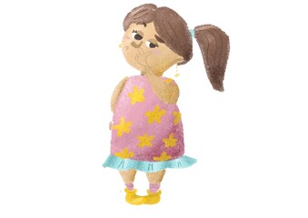 Cartoon bored cute girl in pink dress picks her nose isolated