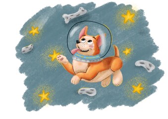 Cartoon children s book illustration orange dog in space isolated