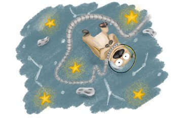 Cartoon childrens book illustration pug dog in space isolated