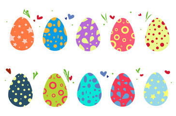 Set of bright Easter eggs. Colored ornaments, heart and grass. Vector graphics. Easter eggs with a geometric pattern.